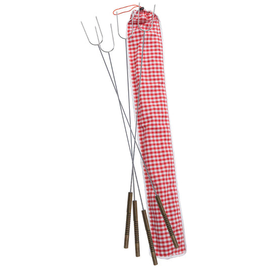 Set Of 4 Hot Dog Roasting Forks With Gingham Storage Bag